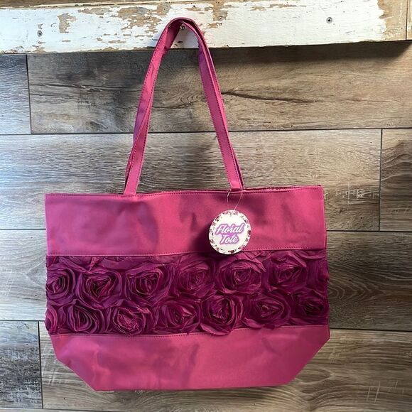 ARCADIA BEAUTY Floral Tote Overnight Bag Burgundy Silk Flower 19”W x 13”L NWOT - Picture 1 of 10